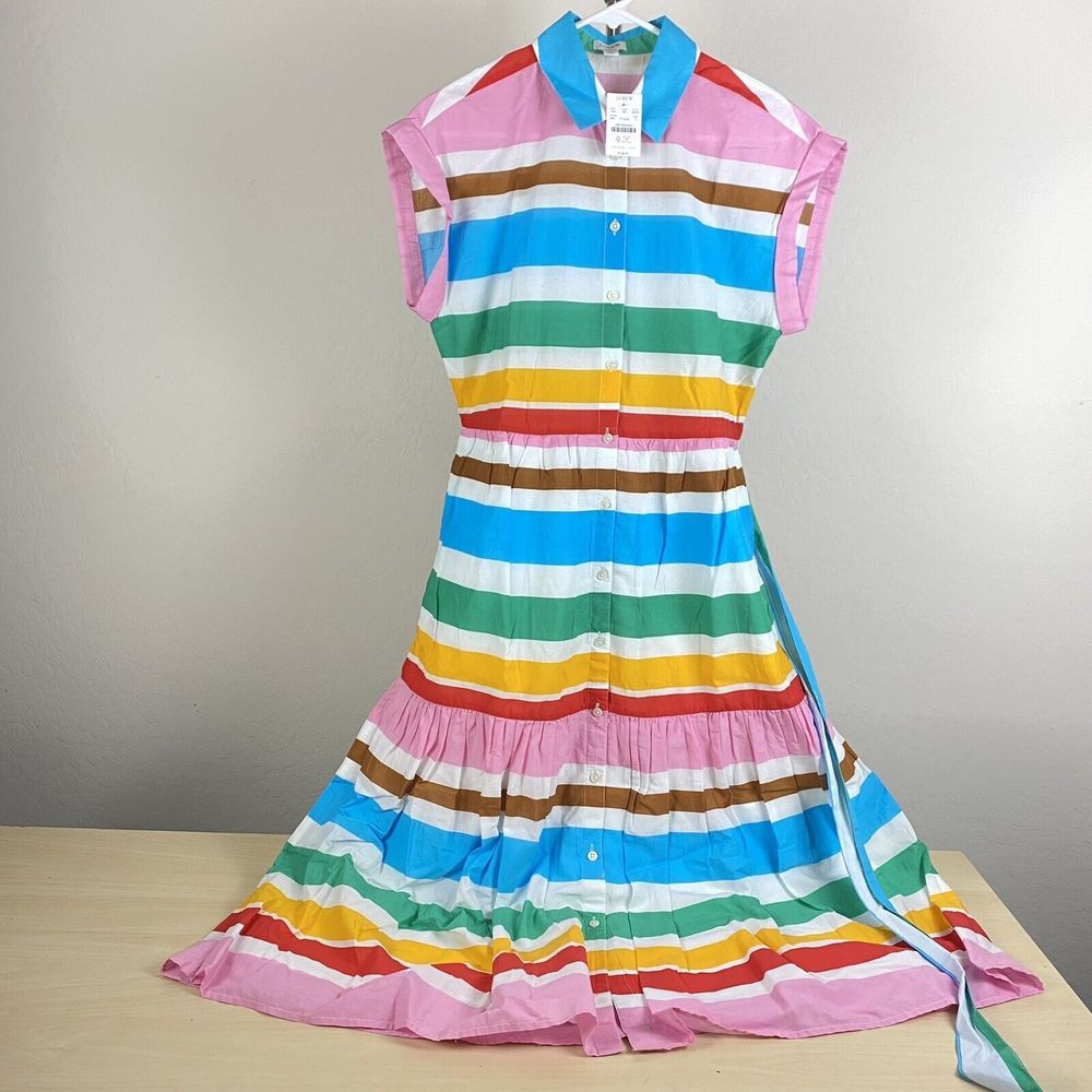 J.Crew Maxi Collared Shirt Dress Women Size 4 Turquoise White Stripe Midi Cotton